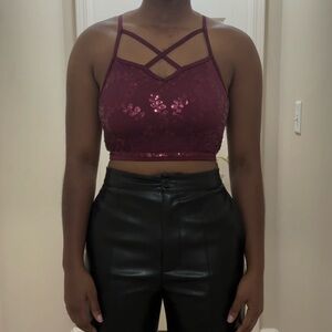 burgundy sequin crop top